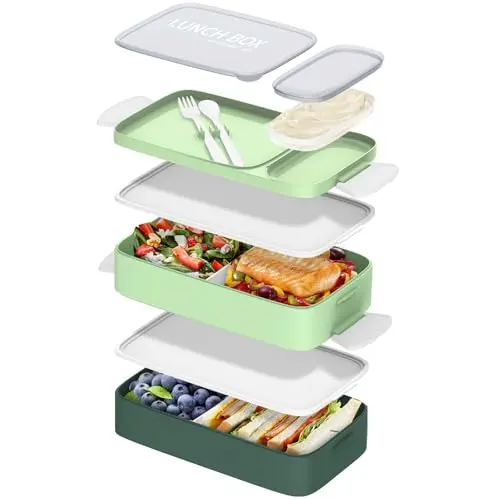 Brotdose mit Fächern - 1600ml Lunchbox für Erwachsene, BPA-frei, inklusive 80ml Saucenkasten (Grün)