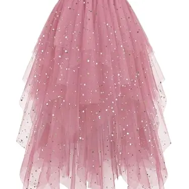 Hanpceirs Damen-Tüllrock in A-Linie, Midi-Länge, Rosa mit Pailletten