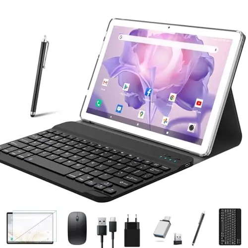 2025 Neueste 10 Zoll 2-in-1 Tablet mit Tastatur, 128GB, 5G WiFi, Bluetooth, Silber