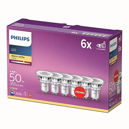 Philips GU10 LED Lampen 6er Pack, energiesparend mit warmweißem Licht