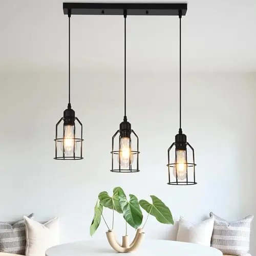 OURLOVEII Schwarz 3-flammige Pendellampe für Esszimmer, Küche, Flur und Wohnzimmer, höhenverstellbar, industrieller Stil