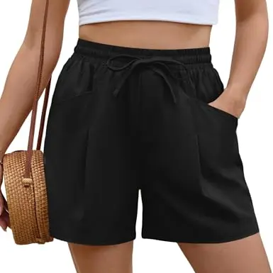Damen Shorts Sommer Leinen Baumwolle High Waist Kurzhose Schwarz XXL