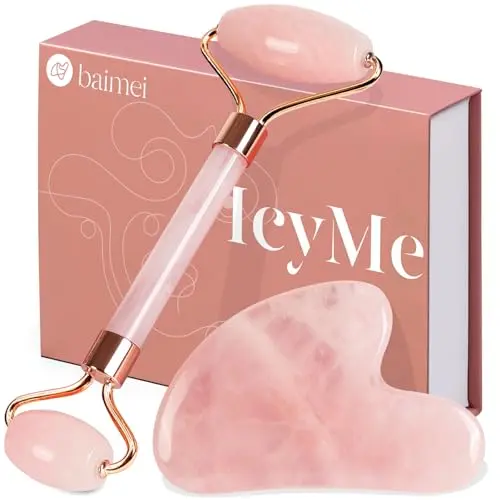 BAIMEI Gua Sha Stein & Gesichtsroller Set aus Rosenquarz, Jade Roller zur Verbesserung von feinen Linien, Geschenk für Frauen