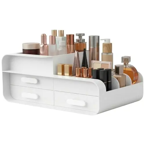 Vunanvu Make-up Organizer mit 9 Fächern und 3 Schubladen für Kosmetik und Schmuck - Weiß