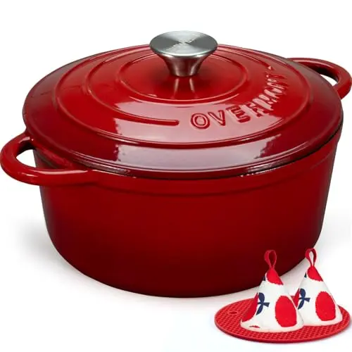 Overmont Gusseisen Schmortopf 26cm - Emaille Bräter mit Deckel - für Kochen und Braten, rot
