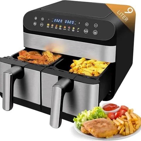 Jacgood 9L Heißluftfritteuse mit 2 Körben, 1800W, digitales Bedienfeld und 8 voreingestellten Menüs