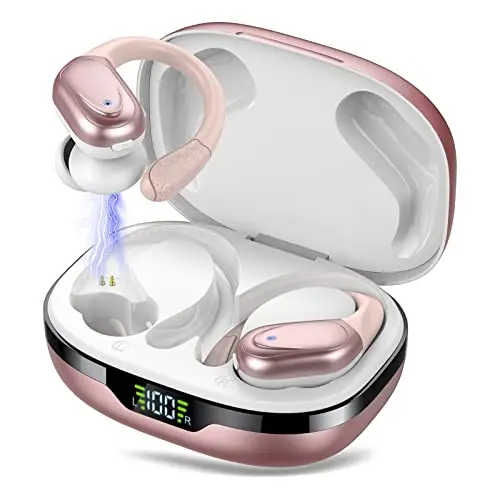 Cascho Bluetooth Sport-Kopfhörer, kabellos, IPX7 wasserdicht, 60 Std Akkulaufzeit, tiefer Bass, in Ear mit Mikrofon, Ohrhaken, roségold