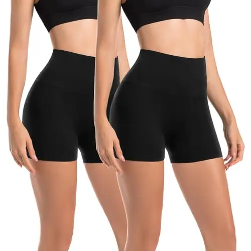 Leafigure Damen Radlerhose 2er Pack, Hochtaill, Sommer, Blickdicht, Sporthose, Yoga, Hotpants, Schwarz, SM