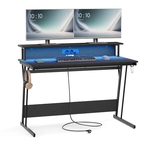 VASAGLE Gaming Tisch mit Steckdosenleiste und Monitorständer, 60 x 120 cm, rußschwarz