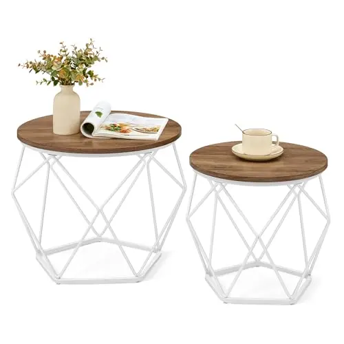 VASAGLE 2er Set runde Couchtische, modern, abnehmbare Tischplatte, für Wohnzimmer, honigbraun-wolkenweiß
