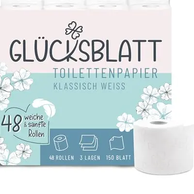 Glücksblatt Toilettenpapier Klassisch Weiß, 3-lagig, 48 Rollen, weiches Klopapier mit Glücks-Prägung