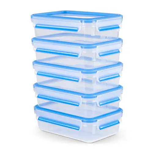 EMSA Clip & Close Frischhaltedosen-Set, 5 x 0,8 L, rechteckig, 100% dicht, transparent, blau, Made in Germany
