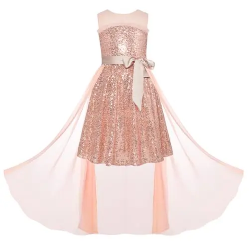 Mädchen Partykleid Zweiteiliges funkelndes Kleid mit Netzrock Roségold 6-7 Jahre
