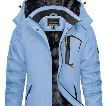 KEFITEVD Damen Skijacke Winddicht Atmungsaktiv Winterjacke mit Taschen in Hellblau, Größe M