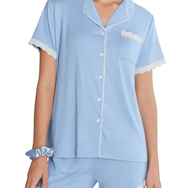 Ekouaer Damen Kurzarm Pyjama Set - Blau, M