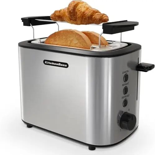 KitchenBoss Toaster 2 Scheiben Edelstahl mit Brötchenaufsatz, 6 Bräunungsstufen und Auftaufunktion