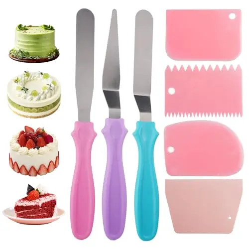7-teiliges Winkelpaletten Set aus Edelstahl für Torten, inkl. 3 Kuchenpaletten und 4 Smoother