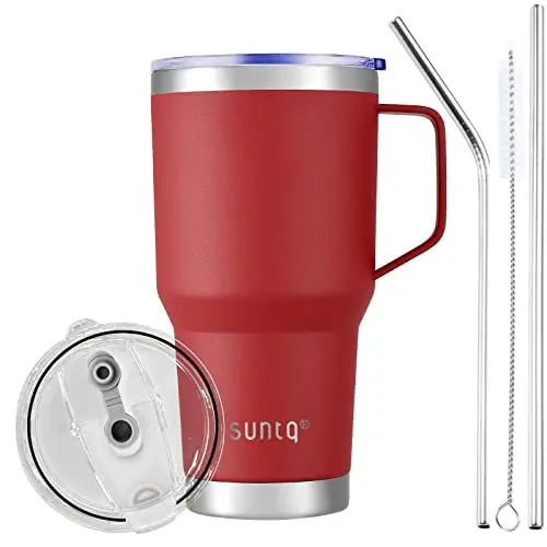 SUNTQ 30oz Tumbler mit Griff - Wiederverwendbare Kaffeetasse mit Deckel und Stroh - Edelstahl, rot