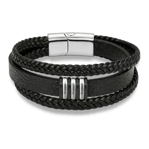 Wamantic Personalisiertes Schwarzes Lederarmband für Herren mit Gravur