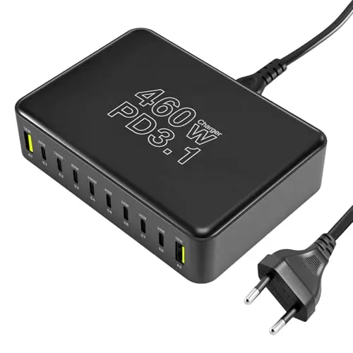 Puiseno 460W USB-C Ladegerät 10-Port Schnellladegerät für MacBook, iPad, iPhone, Samsung u.a. (Grau)