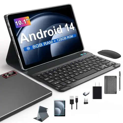 Android 14 10 Zoll Tablet PC (2024) mit 8GB RAM, 128GB Speicher, 5G WiFi, 7000mAh Akku, Bluetooth 5.0, schwarz, inklusive Tastatur und Stift