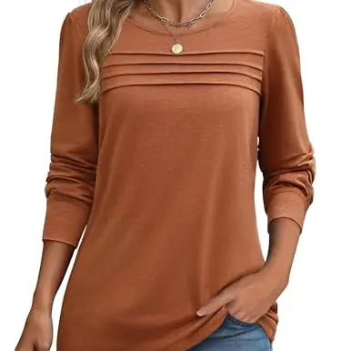 Zeagoo Damen Langarm T-Shirt mit Puffärmeln - Casual Herbstoberteil in Braun, Größe S