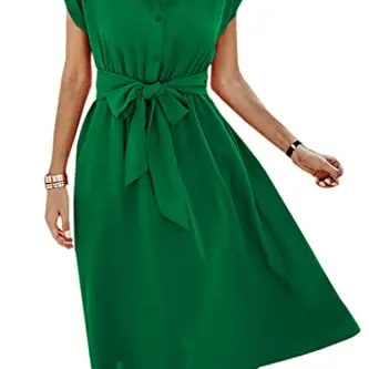 Damen Sommerkleid, Kurzarm, Wickel-Design, V-Ausschnitt, Gürtel, A-Grün, Midilänge, Lässig und Elegant
