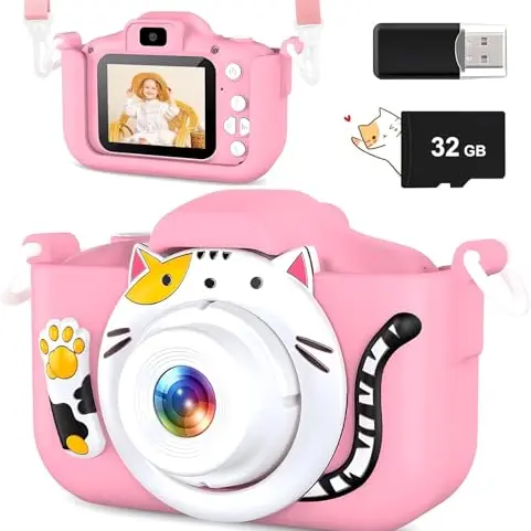 YIKANWEN Kinderkamera - HD Digitalkamera mit 2.0 Zoll Bildschirm für 3-8 Jahre, inkl. 32GB SD Karte (Rosa)