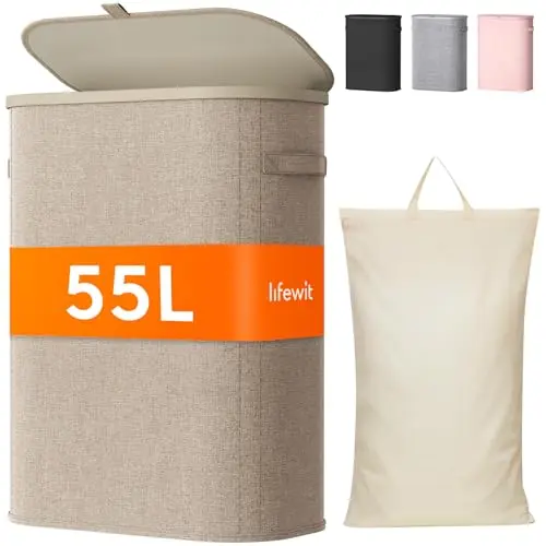 Lifewit Wäschekorb mit Deckel, 55L faltbarer Wäschesammler, Wäschebox für Schlafzimmer und Bad, Beige