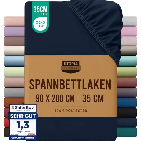 Utopia Bedding Spannbettlaken 90x200cm Marineblau, 35cm Tasche
