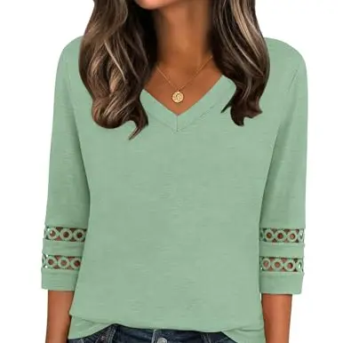 Zeagoo Damen Bluse V-Ausschnitt 3/4 Ärmel Tunika Sommer Shirt Hellgrün L