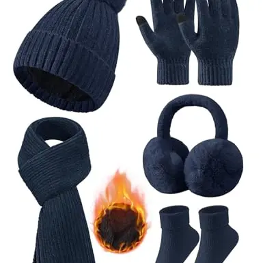 Niwicee Damen Wintermütze Set mit Schal und Handschuhen - Marineblau