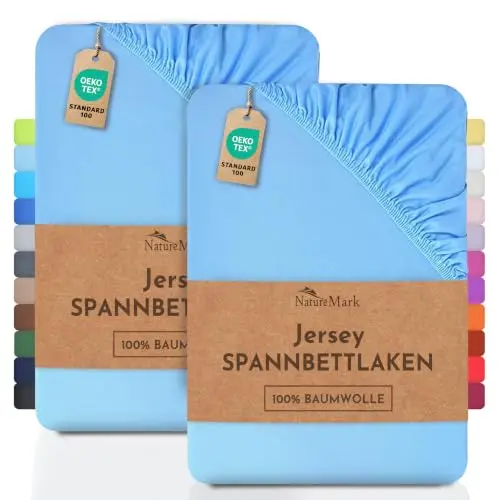 NatureMark 2er-Pack Kinder-Jersey-Spannbettlaken, 100 % Baumwolle, 70 × 140 cm, hellblau