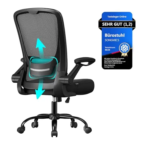 SONGMICS Ergonomischer Bürostuhl mit Mesh, Lenden- und Kopfstütze, Wippfunktion, Schwarz