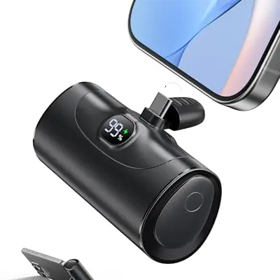 Power Bank Mini 5000mAh für iPhone 15/16/17, 20W PD Schnellladung, USB C mit integriertem Ständer, LED Display, kabellos für Samsung