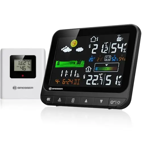Bresser Funkwetterstation mit Farbdisplay für Innen und Außen, Temperatur, Luftfeuchtigkeit, Wettervorhersage, Frostalarm