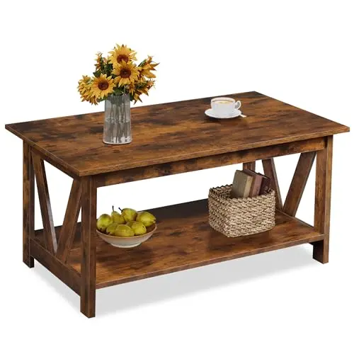 WLIVE Rechteckiger Couchtisch aus Holz mit offenem Fach, V-Streben, vintagebraun-schwarz für Wohnzimmer und Schlafzimmer