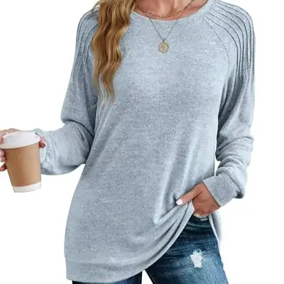 XIEERDUO Damen Pullover Sweatshirt Langarm Tunika Herbst Winter Grau Blau M