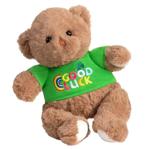 BEJOY Glücksbär Teddybär mit grünem „Good Luck“ T-Shirt, kuscheliges Plüschtier für Mädchen und Jungen, Geschenk zum Geburtstag