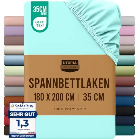 Utopia Bedding Spannbettlaken 180x200cm Spa Blau, Mikrofaser, 35cm Tiefe