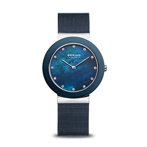 BERING Damen Armbanduhr 35 mm Edelstahl, blaues Zifferblatt, Milanaisearmband, Saphirglas, 5 ATM