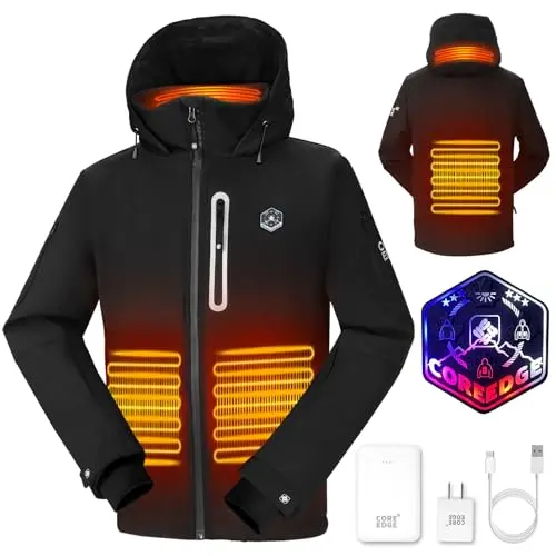 COREEDGE Herren Beheizbare Jacke - Wasserdicht, Warm und Winddicht für Outdoor Aktivitäten - Schwarz, XXL