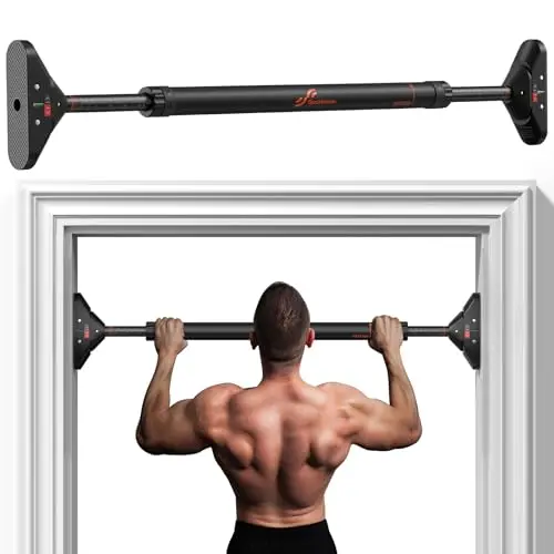 Sportneer Klimmzugstange für Türrahmen, bis 200 kg, ausziehbar von 75-94 cm, mit PVC-Matten und drehbarem Schloss