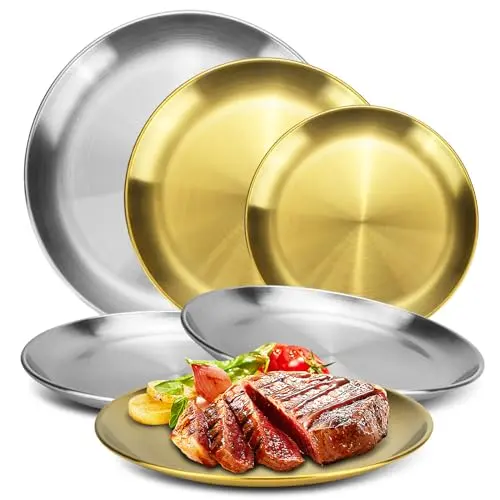 XINGYATU 6er Set Runde Speiseteller aus Edelstahl – Wiederverwendbare silberne Teller in 3 Größen (20/23/26 cm) für Camping und Picknick