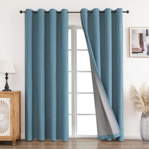 CUCRAF blickdichte Leinen-Gardinen Himmelblau, 2er-Set, 145x140 cm, schalldicht und wärmeisolierend für Wohnzimmer und Schlafzimmer