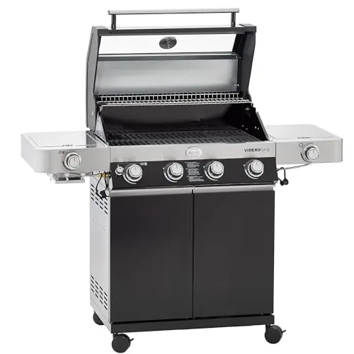 RÖSLE Gasgrill BBQ-Station VIDERO G4-S, Schwarz mit 4 Edelstahlbrennern, Primezone, Seitenbrenner, klappbare Tische