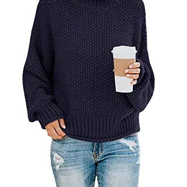 Saodimallsu Damen Oversized Rollkragen Pullover Langarm Grobstrick (Klein, Navy)