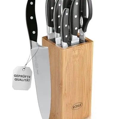 RÖSLE CUISINE 7-tlg. Messerset mit Bambusholzblock, 5 Küchenmessern und Küchenschere