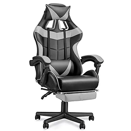 Soontrans Ergonomischer Gaming Stuhl mit Fußstütze und Kopfstütze, verstellbare Rückenlehne, bis 150 kg, für Gaming und Livestreaming (Grau)