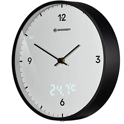 Bresser MyTime Wanduhr mit Funk, 24 cm, ohne Tickgeräusche, LED Sekundenanzeige, Innentemperatur, weiß